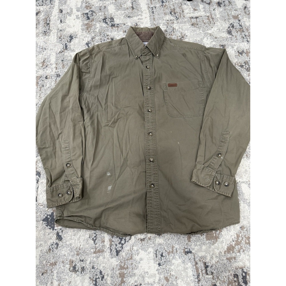 VTG Carhartt Shirt Mens Small Beige Denim Workshirt Long Sleeve Thick